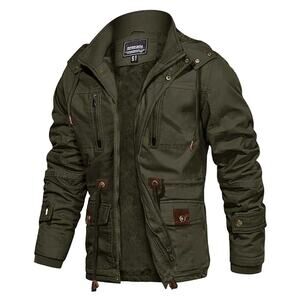 CRYSULLY Military Jacket Field Fleece Cargo Coat Green Removable Hood Sz L Men's